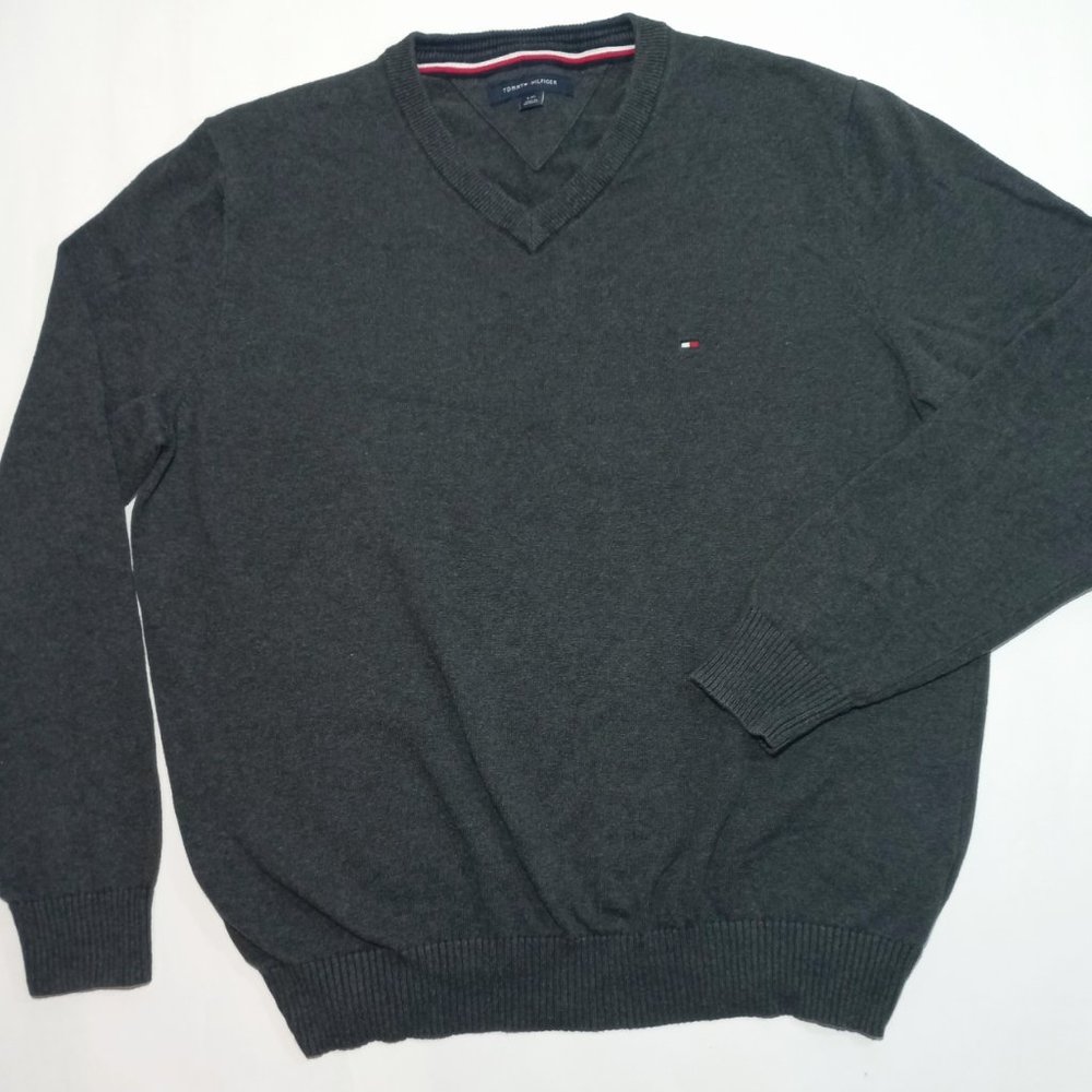 Tommy Hilfiger Cotton Pullover Solid Sweater V-Neck Long Sleeve Men's Sz L Gray